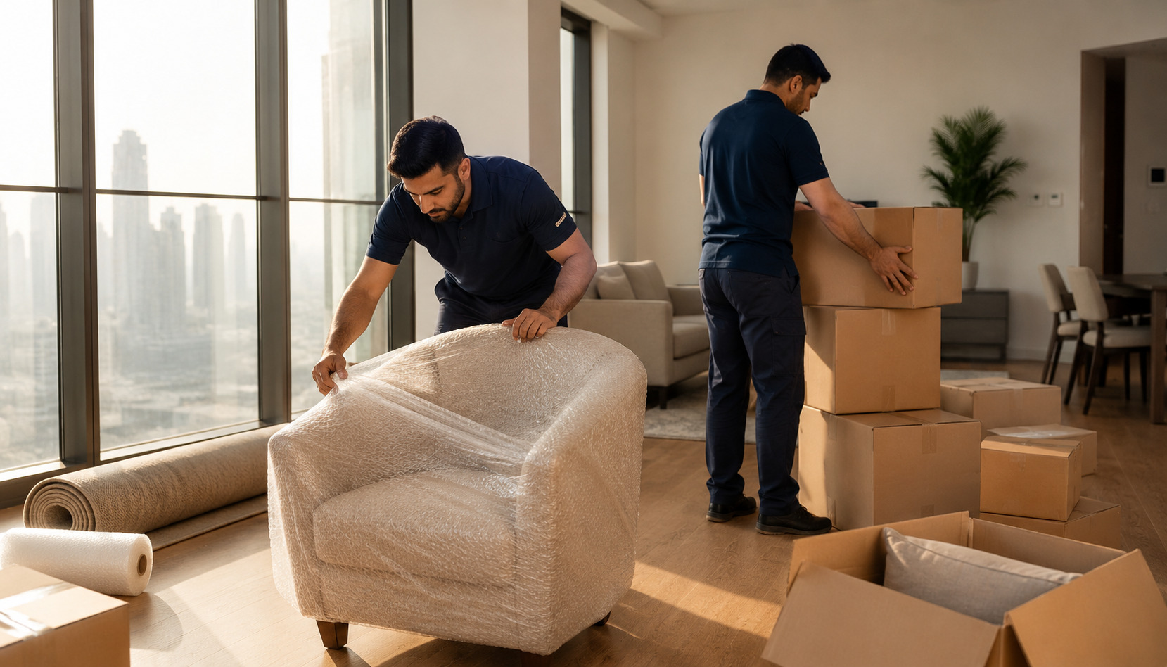 The 1stMove team preparing furniture for a Dubai home relocation